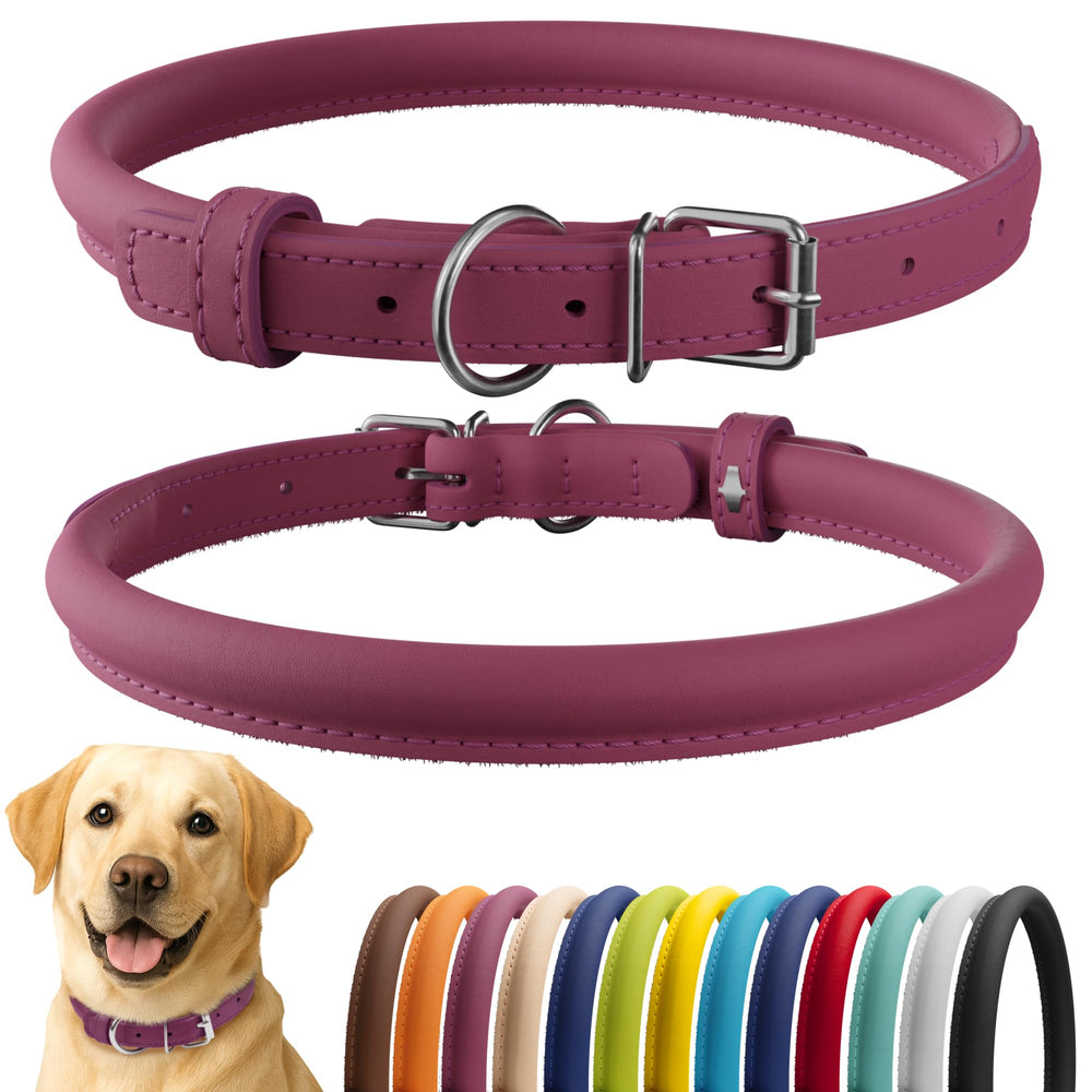 CollarDirect rolled leather dog collar pink close-up, soft feel for daily comfort.