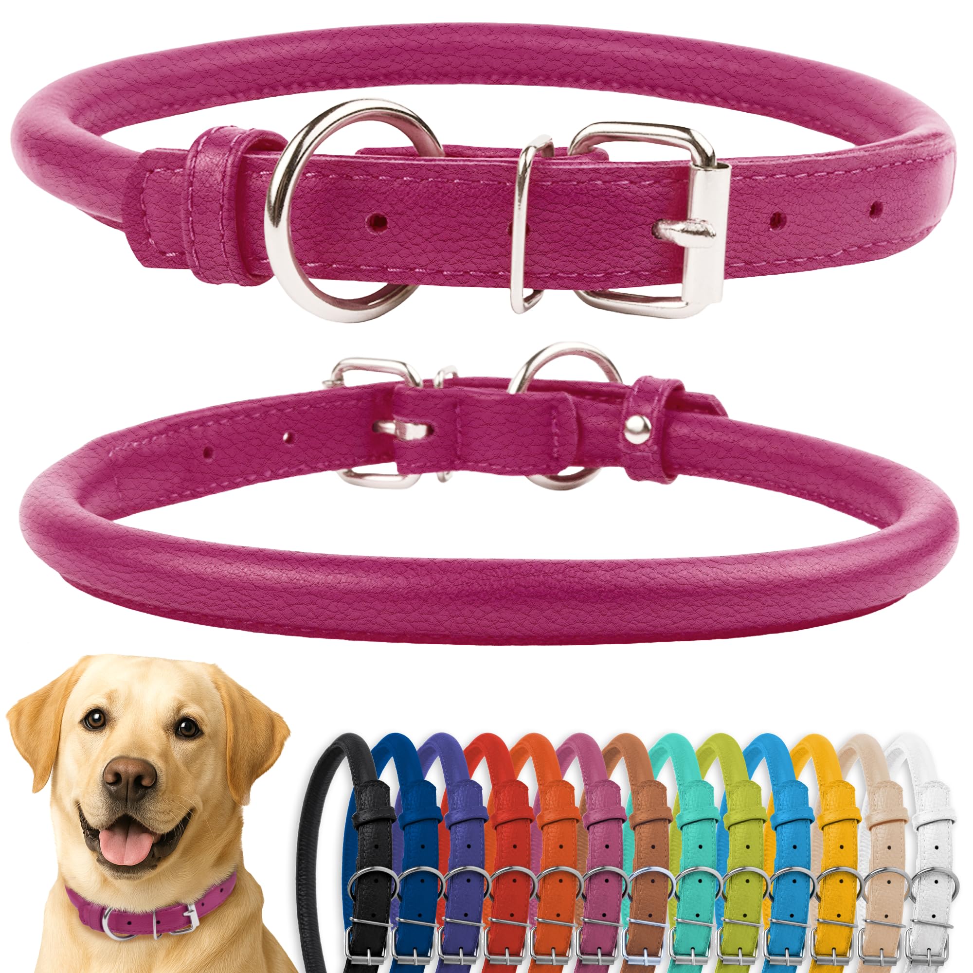 CollarDirect rolled leather dog collar pink textured finish, gentle on long-haired dogs.