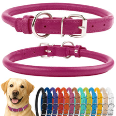 CollarDirect rolled leather dog collar pink textured finish, gentle on long-haired dogs.