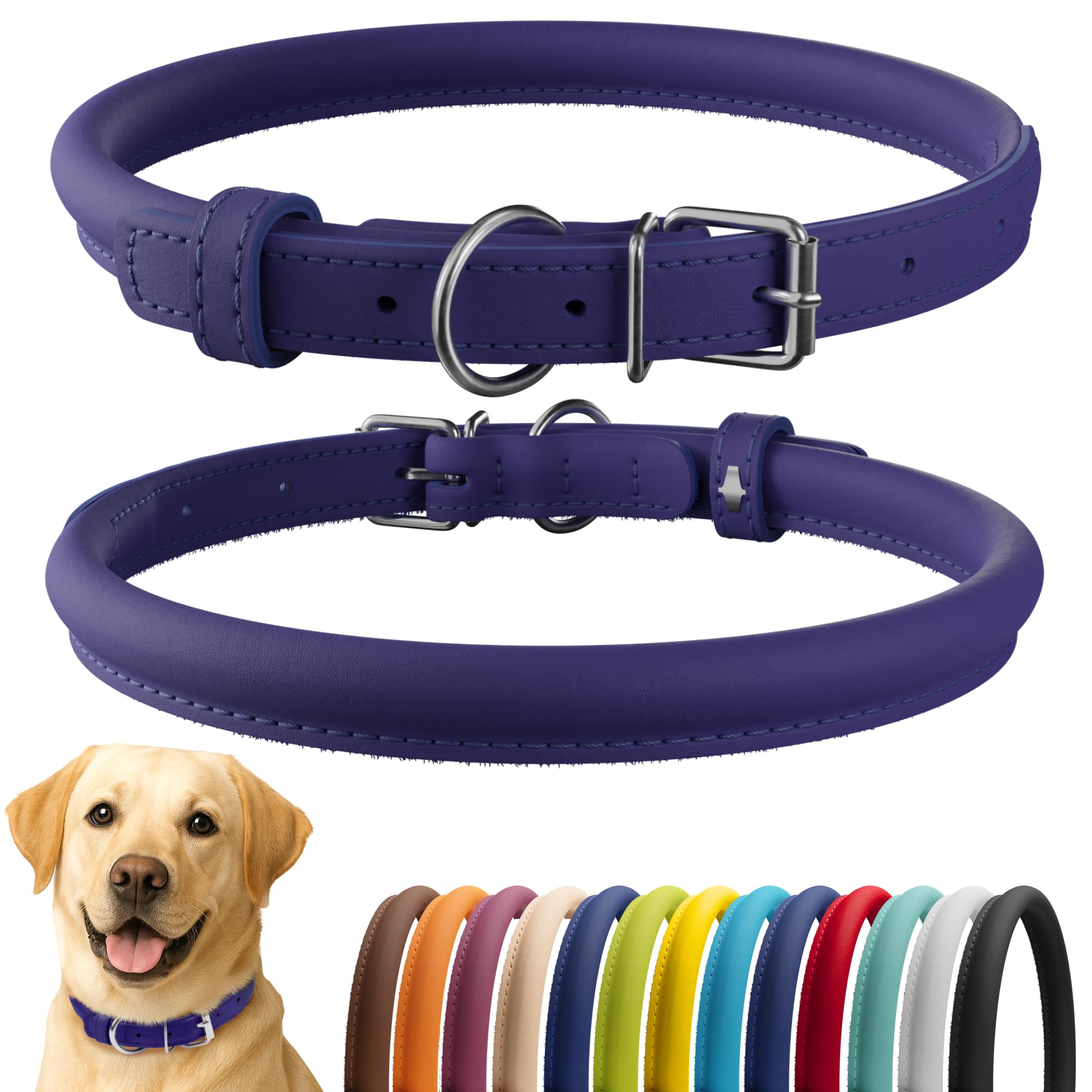 CollarDirect rolled leather dog collar in purple smooth for daily comfort and style