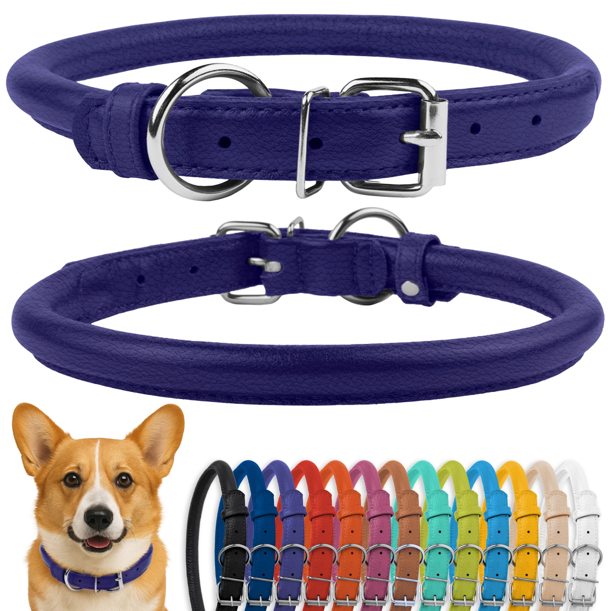 CollarDirect rolled leather dog collar in purple textured finish for comfortable daily wear