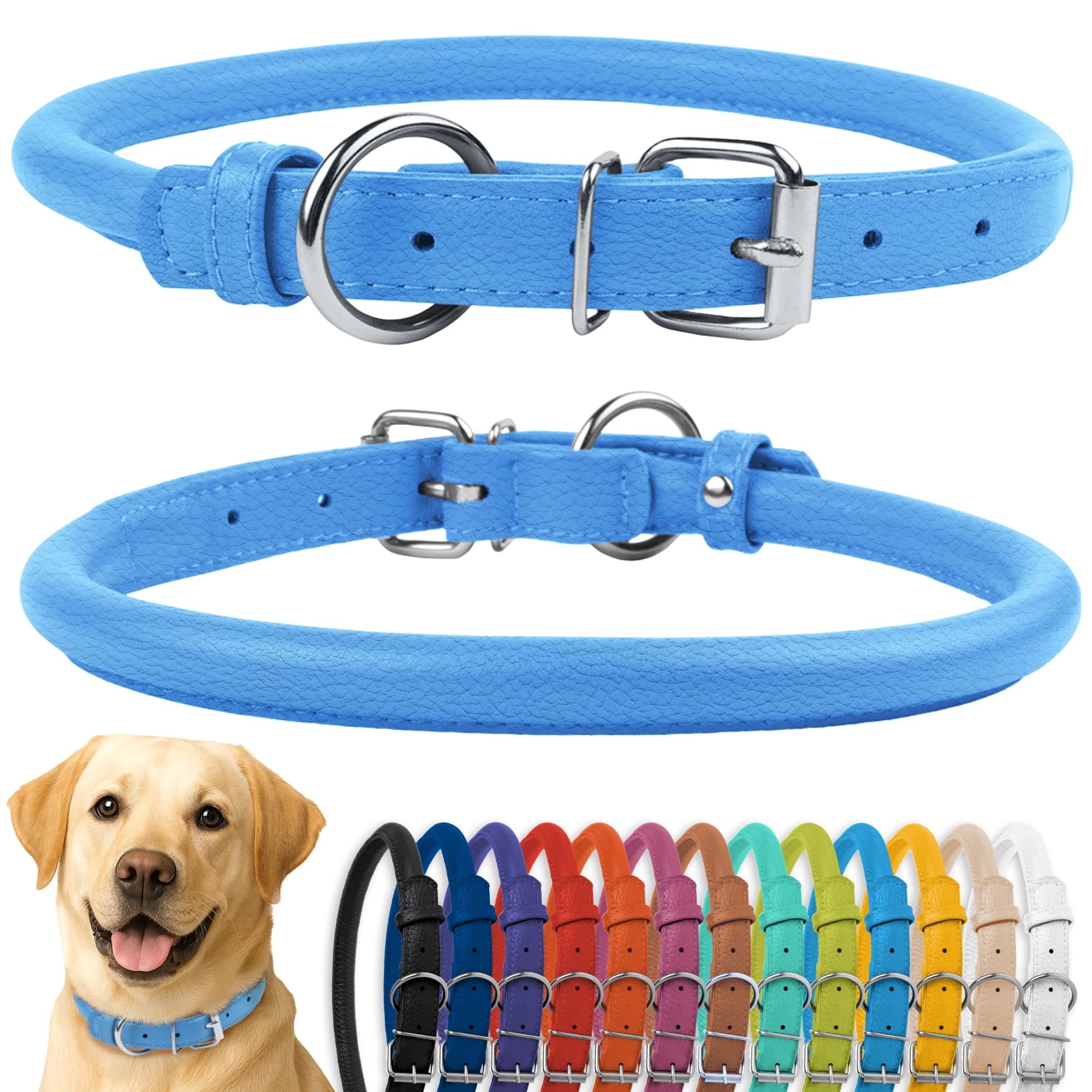 CollarDirect rolled leather dog collar, light blue textured finish, soft on long hair