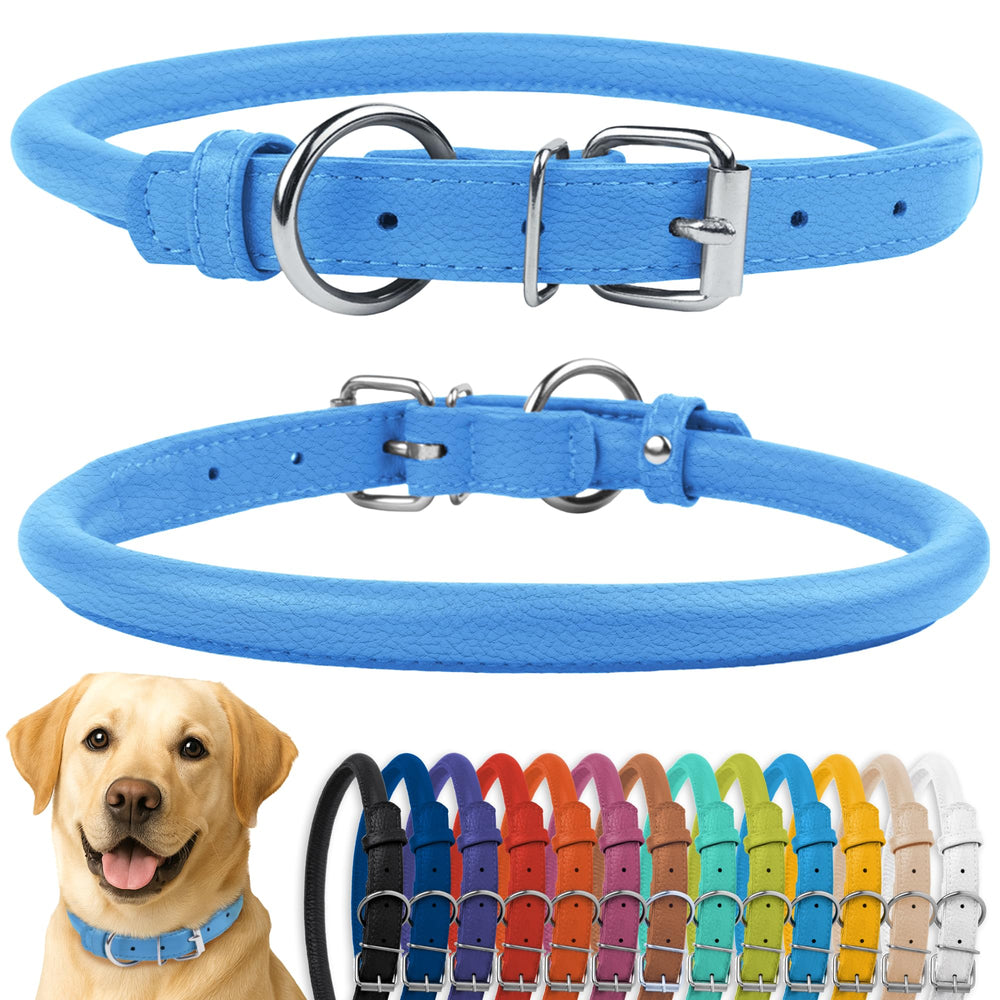 CollarDirect rolled leather dog collar, light blue textured finish, soft on long hair