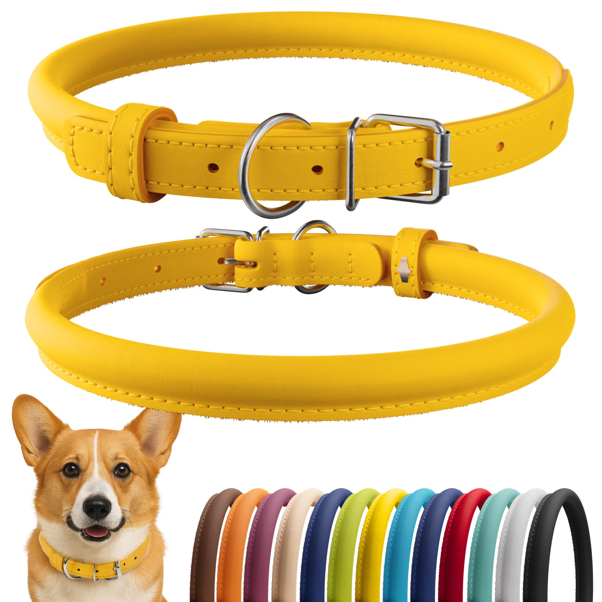 CollarDirect rolled leather dog collar closeup in yellow smooth for gentle coat contact.