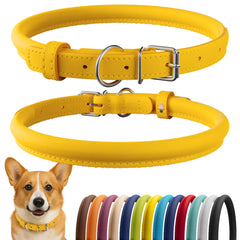 CollarDirect rolled leather dog collar yellow smooth reduces matting for long-haired dogs