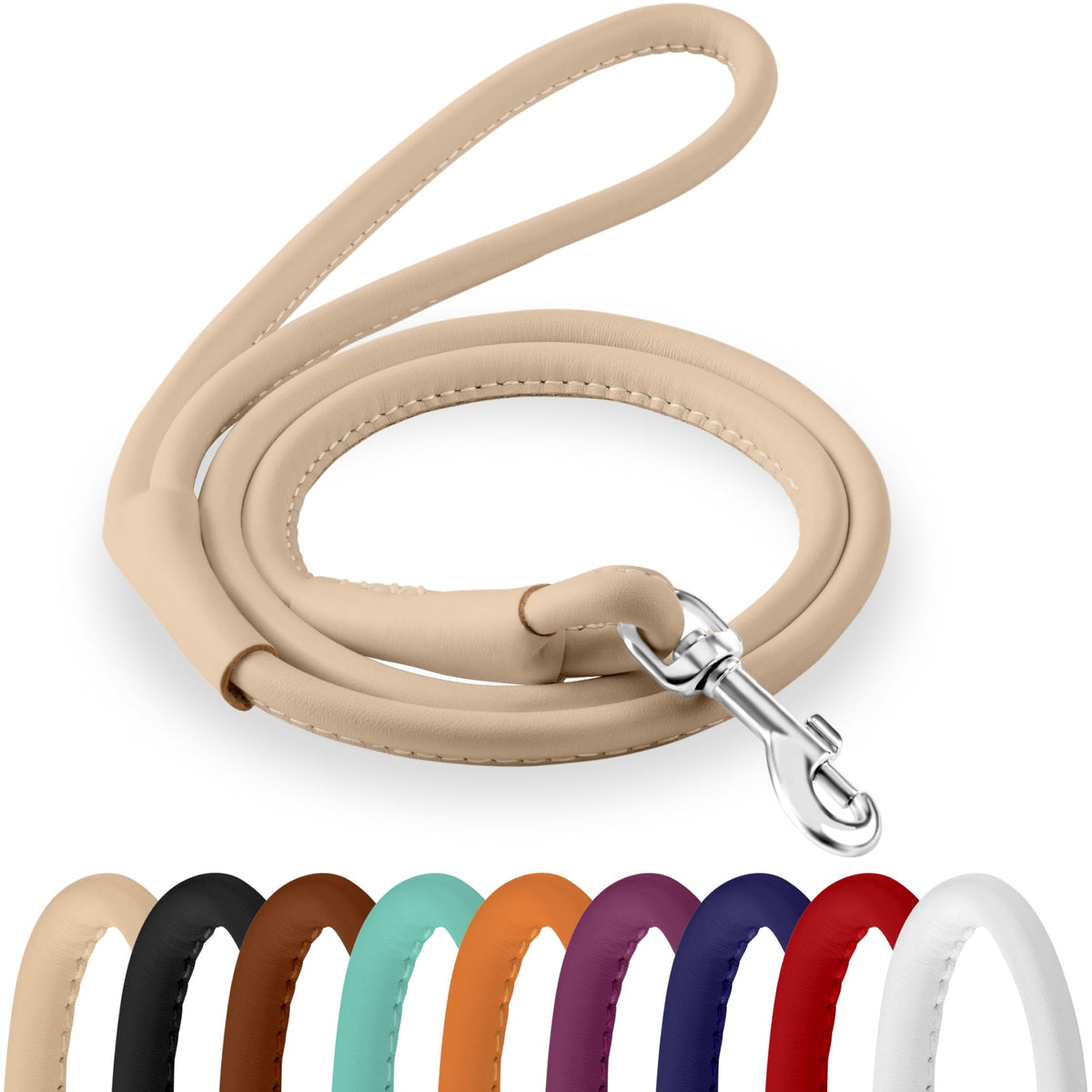 CollarDirect rolled leather dog leash 6ft beige showing smooth craftsmanship for everyday walks