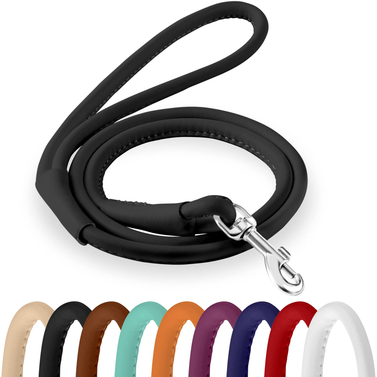 CollarDirect rolled leather dog leash 6ft black, stylish daily walks and training