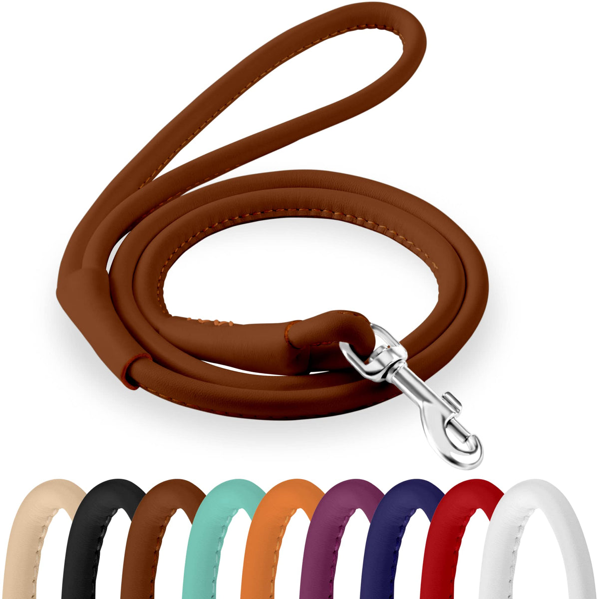 CollarDirect rolled leather dog leash 6ft closeup of shiny hardware and smooth leather.