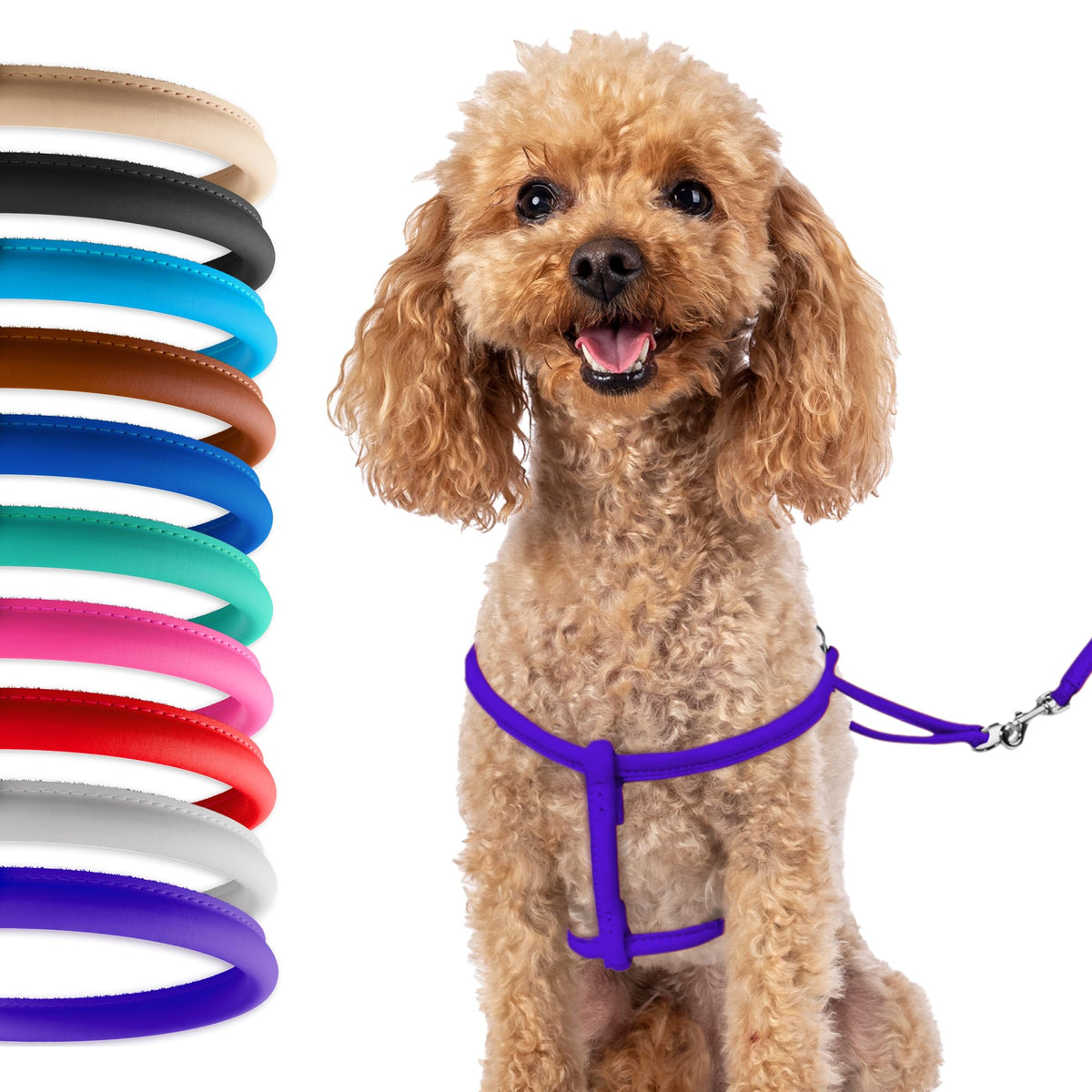 CollarDirect rolled leather harness in pink front view with smooth finish for small dogs.