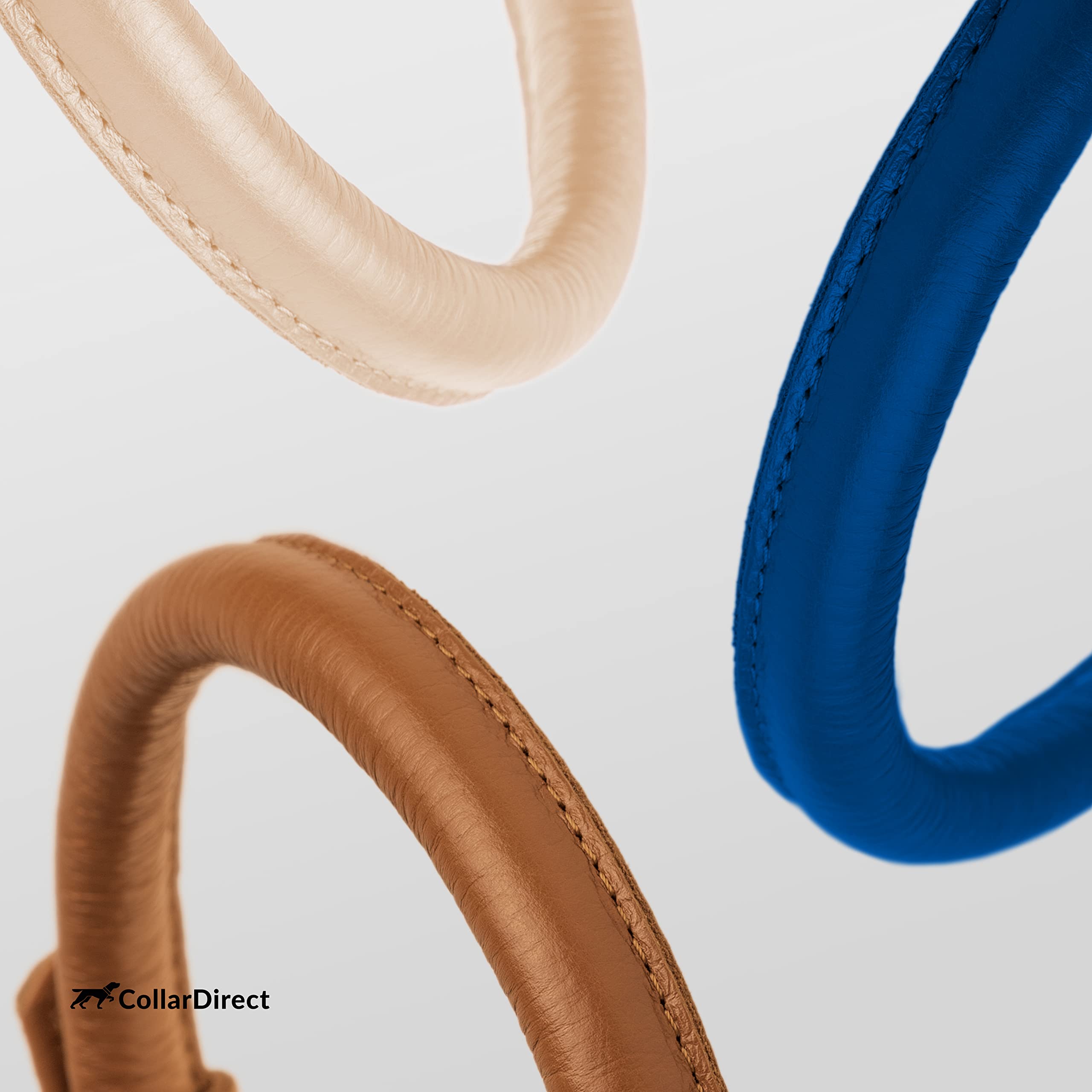 CollarDirect size guide for rolled leather collar showing neck fit 12-15 inches