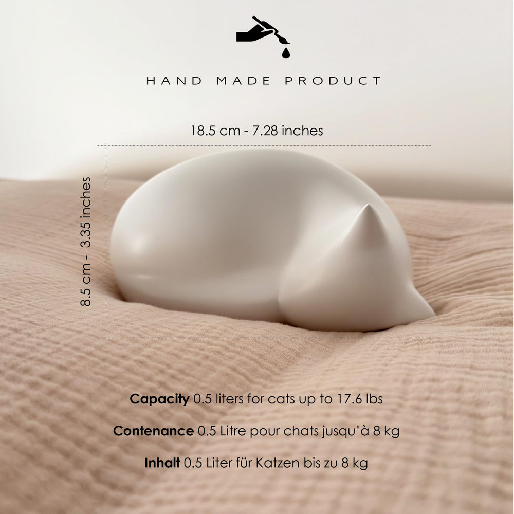 Comemori Sleeping Cat Urn White side view shows an elegant keepsake for cherished memories.