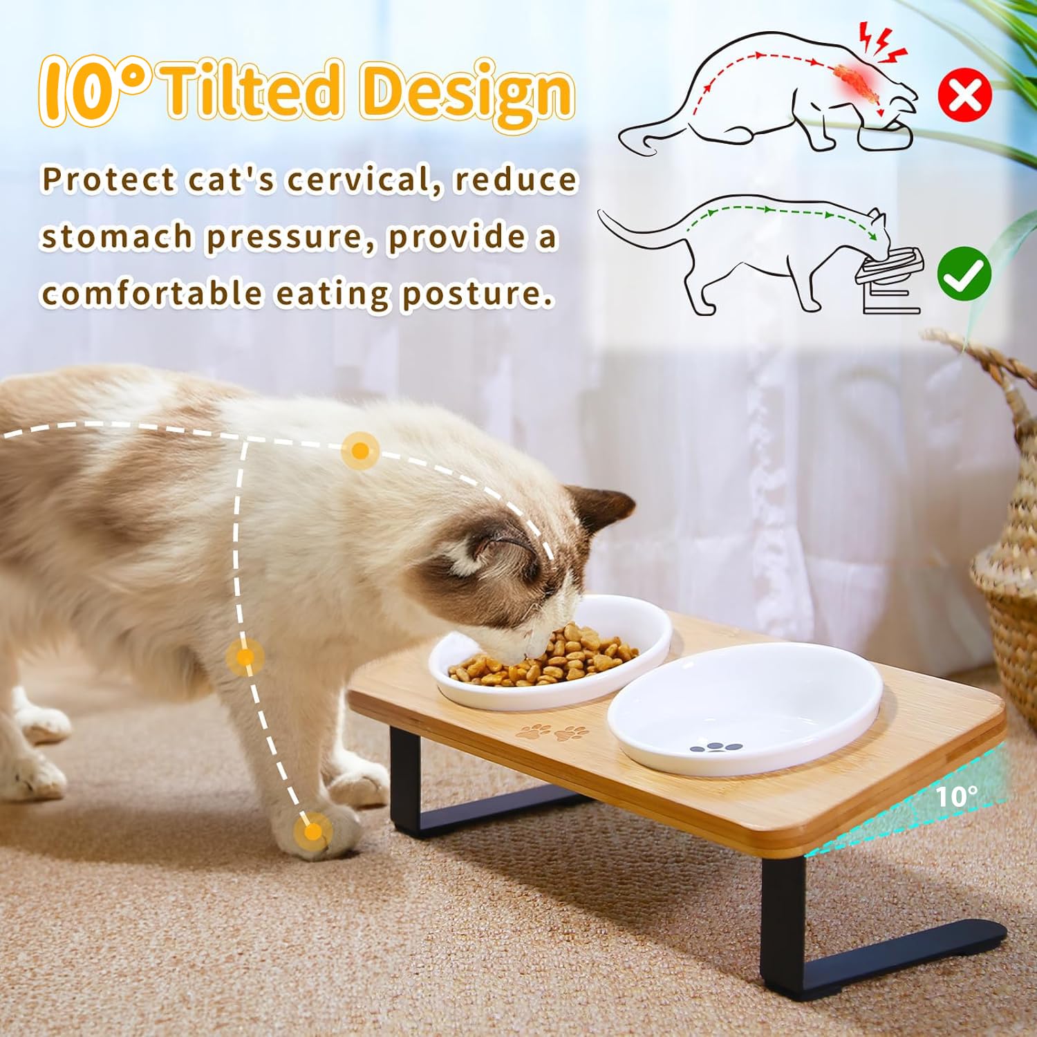 COMESOON bamboo stand with embedded bowls keeps meals stable and tidy