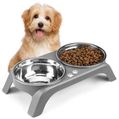COMESOON elevated cat bowls stand grey with two stainless bowls for easy feeding