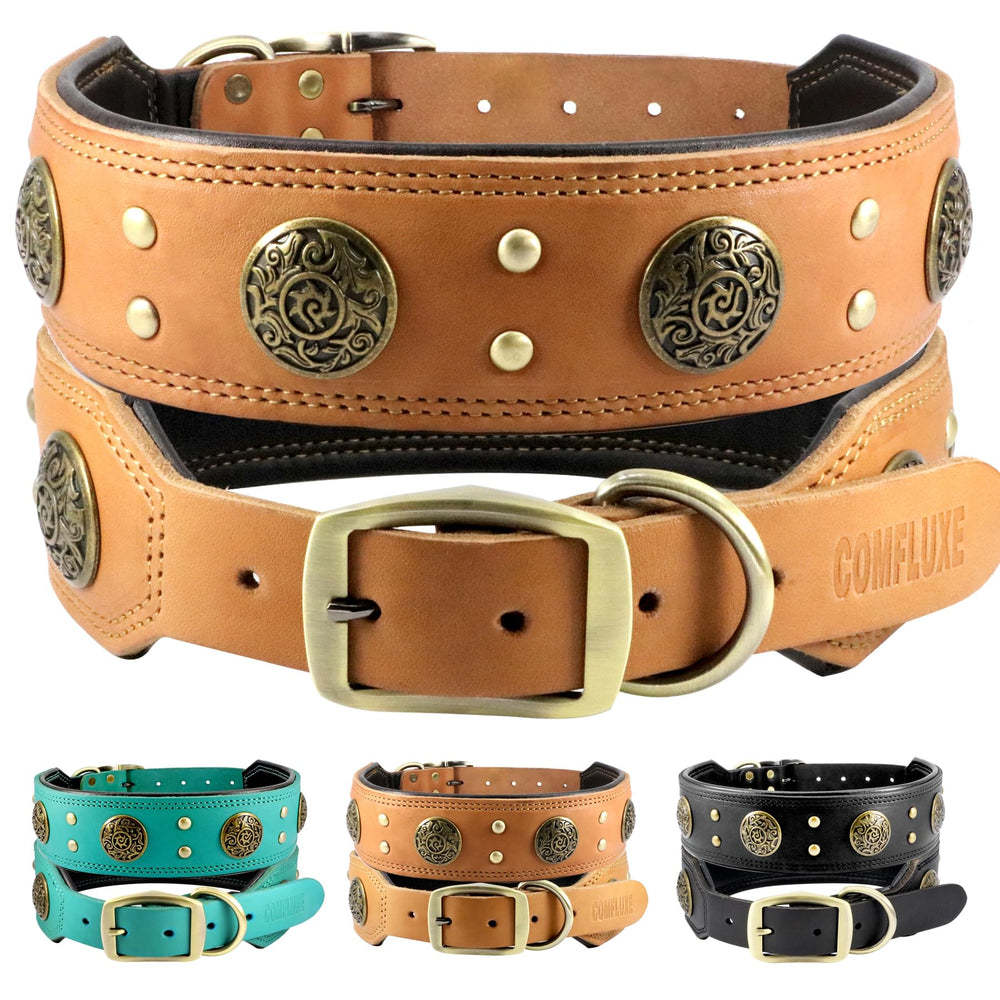 Comfluxe leather dog collar padded interior enhances comfort during long walks