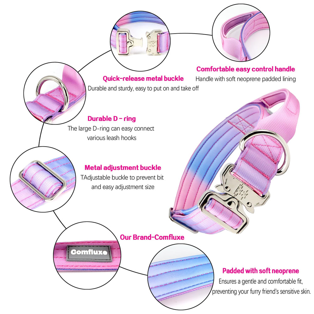 Comfluxe collar buckle close look shows quick-release durability for easy setup.