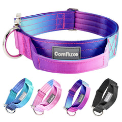 Comfluxe tactical dog collar with handle for safe, controlled training during walks.