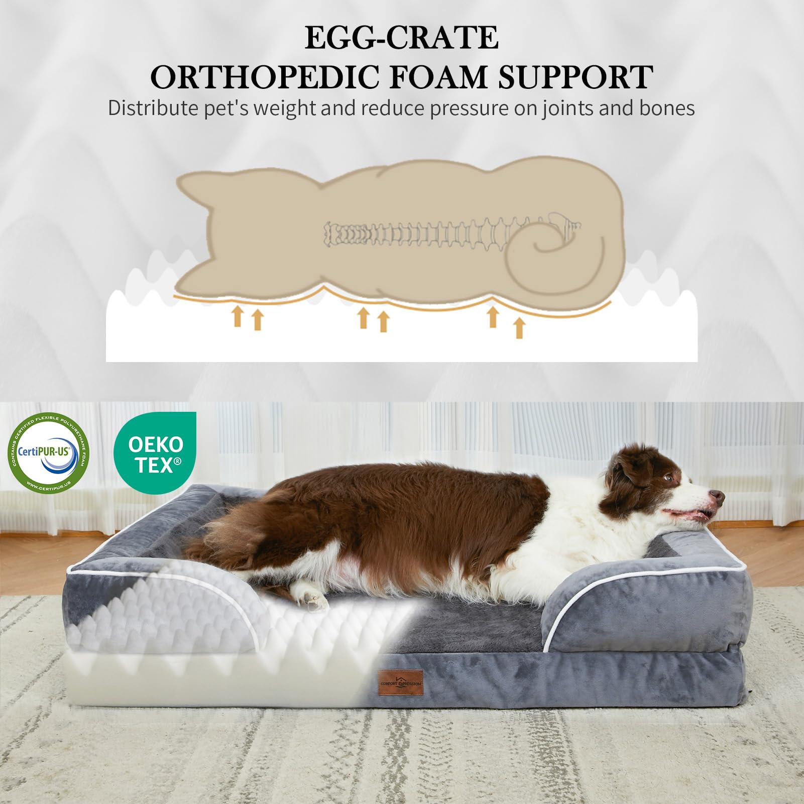 Comfort Expression egg-crate-foam-28d provides joint-supporting comfort for dogs.