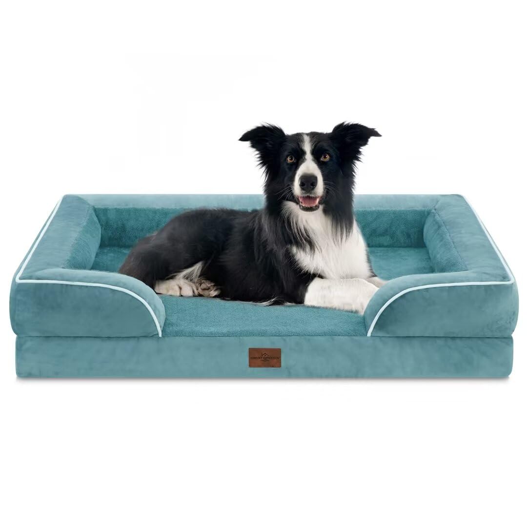 Comfort Expression orthopedic dog bed front view in blue, 36x27 inches for large dogs.