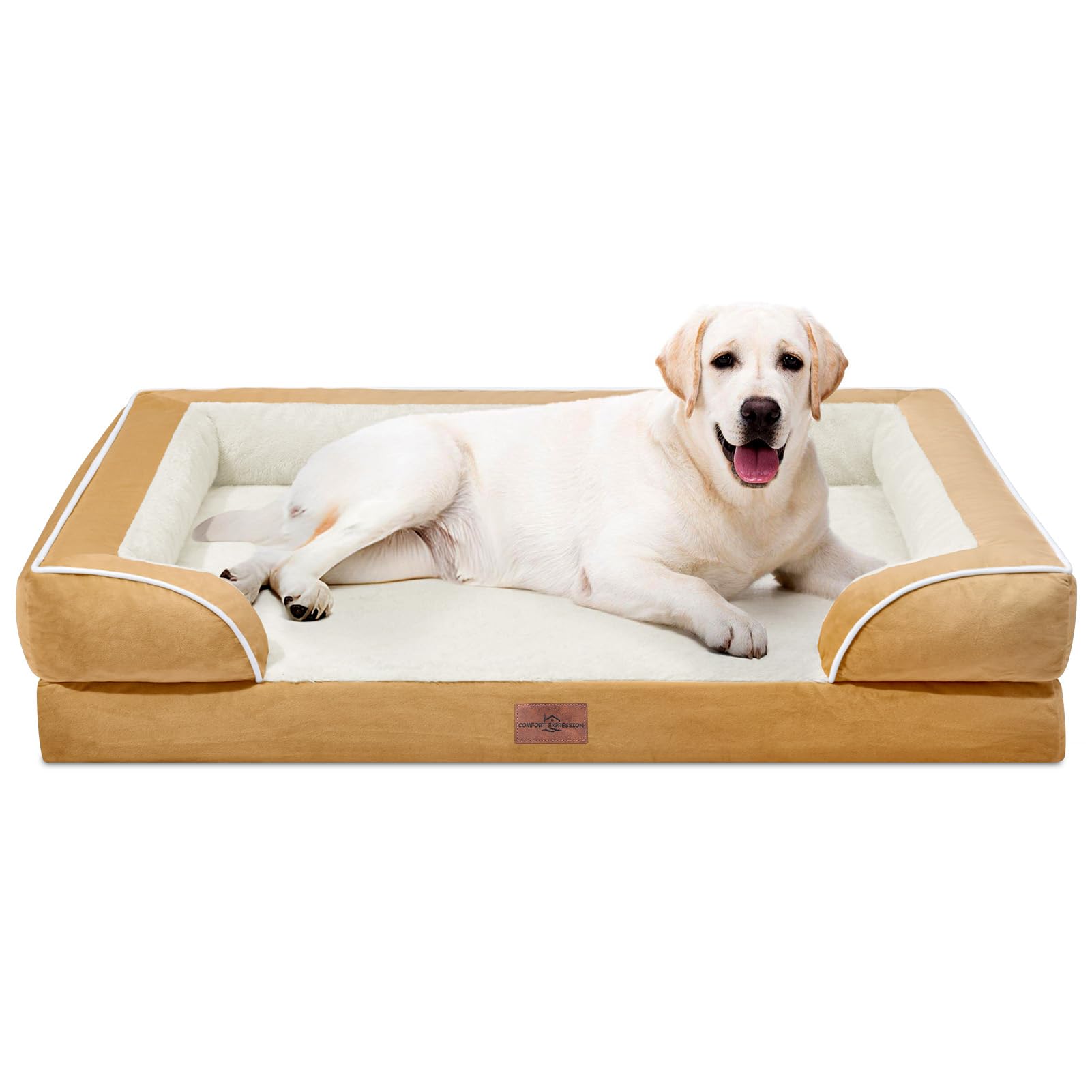 Comfort Expression orthopedic dog bed exterior in caramel offers a sturdy, cozy resting surface for large dogs.