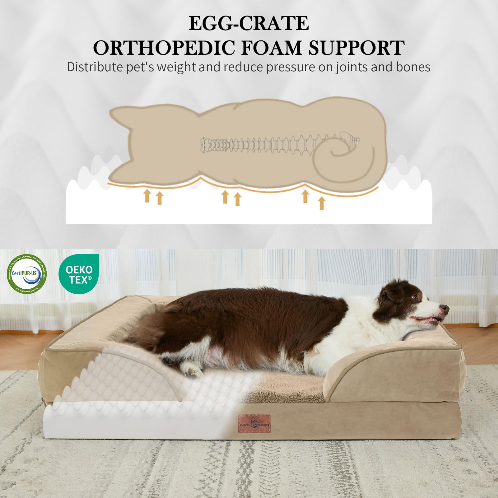 Comfort Expression orthopedic dog bed with non-slip bottom keeps sleeping area secure.