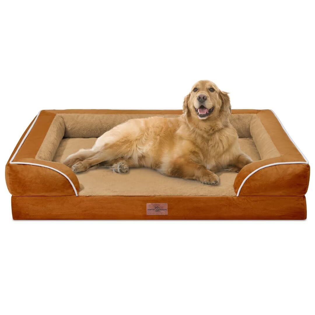 Comfort Expression orthopedic dog bed outer view with orange cover showing sturdy base for XL dogs