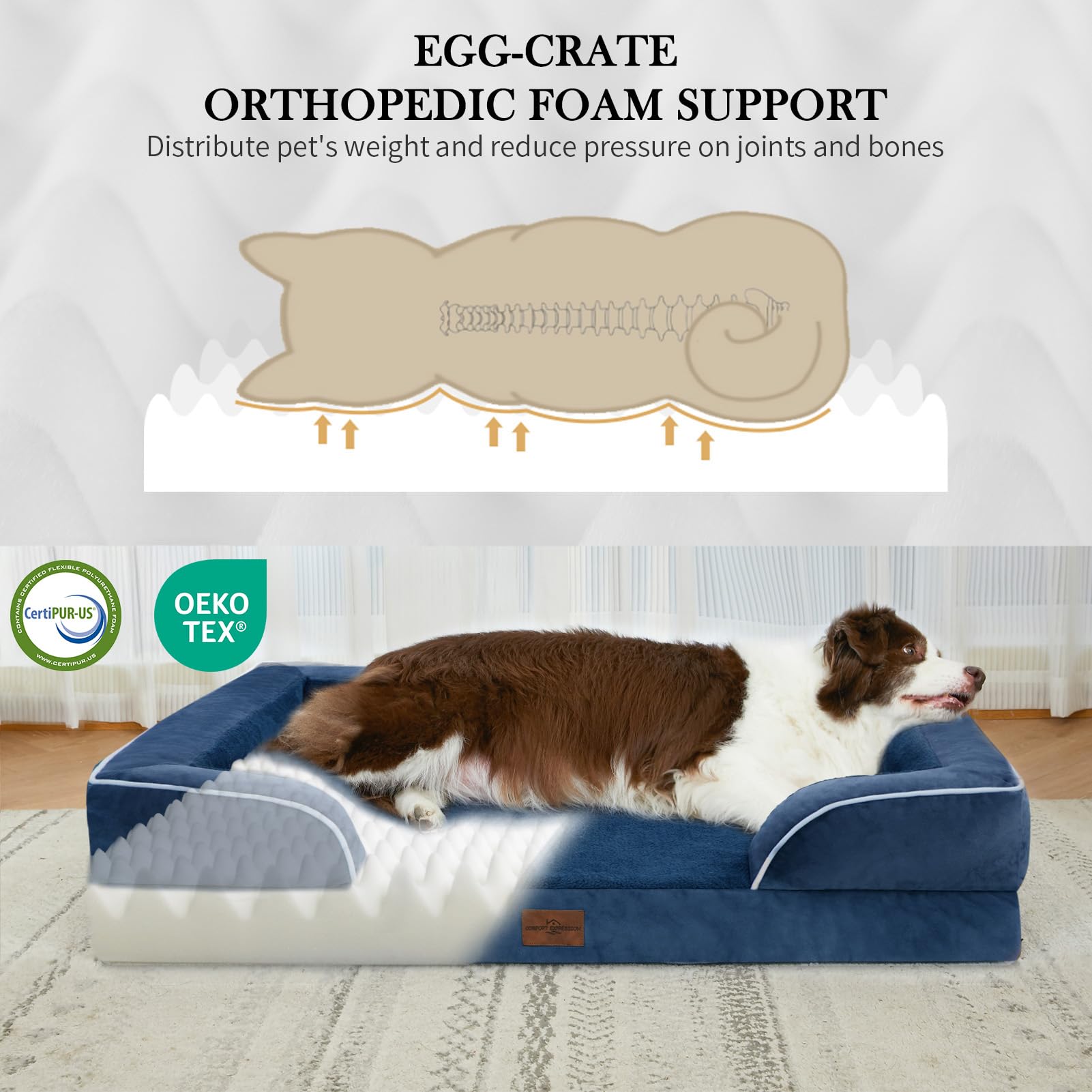 Comfort Expression orthopedic dog bed small navy side view supports joints during lounging.