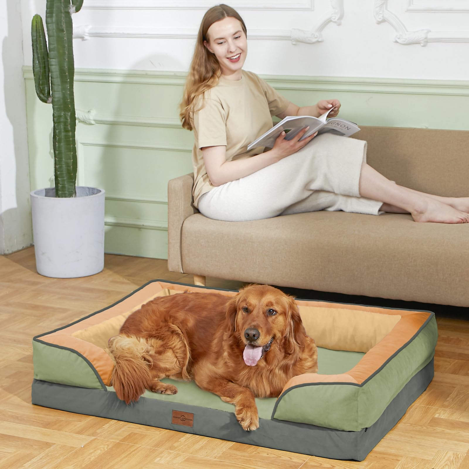 Comfort Expression oxford-dog-bed-bolsters emphasize neck support on the bed.
