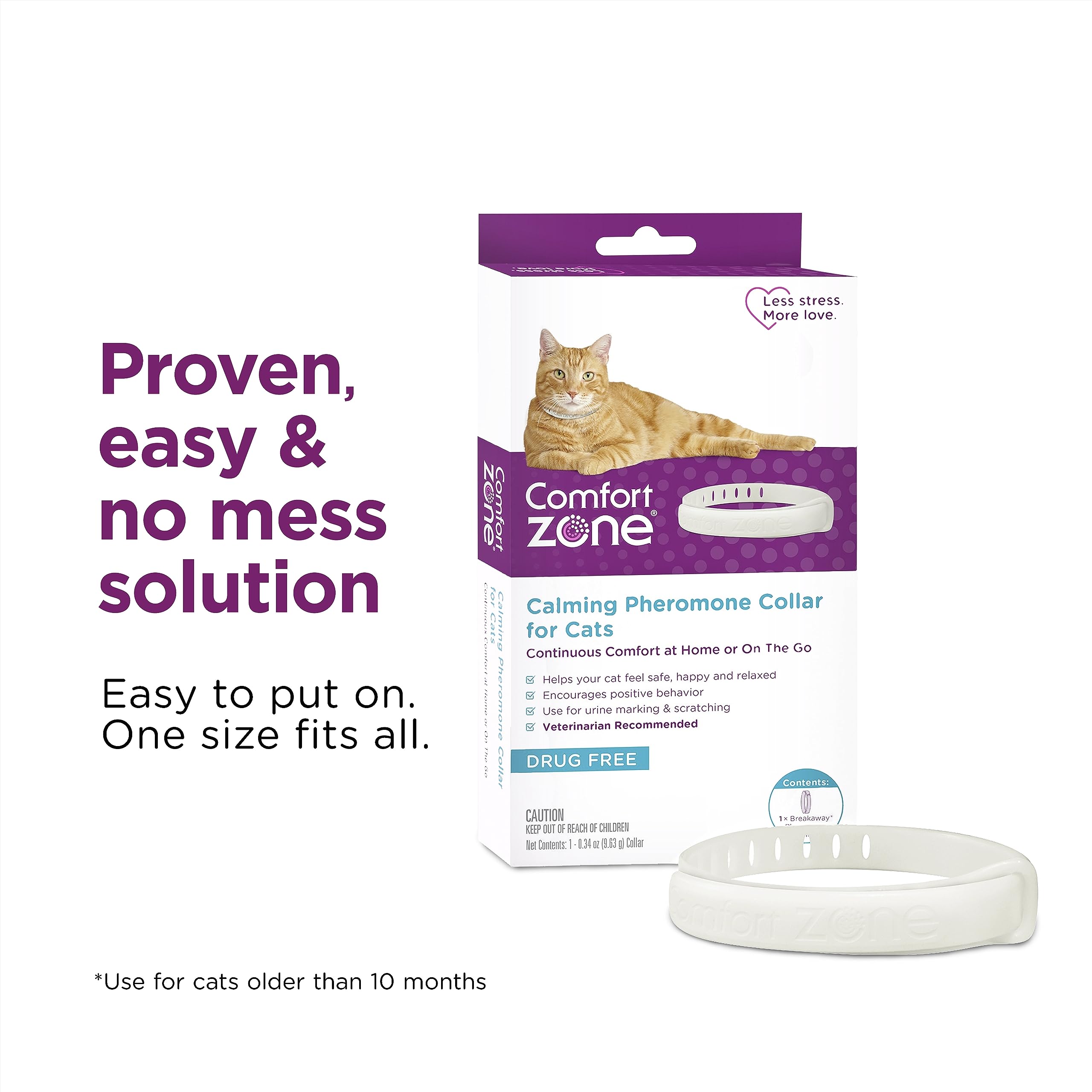 Comfort Zone cat calming collar 30-days of pheromone support for ongoing calm.