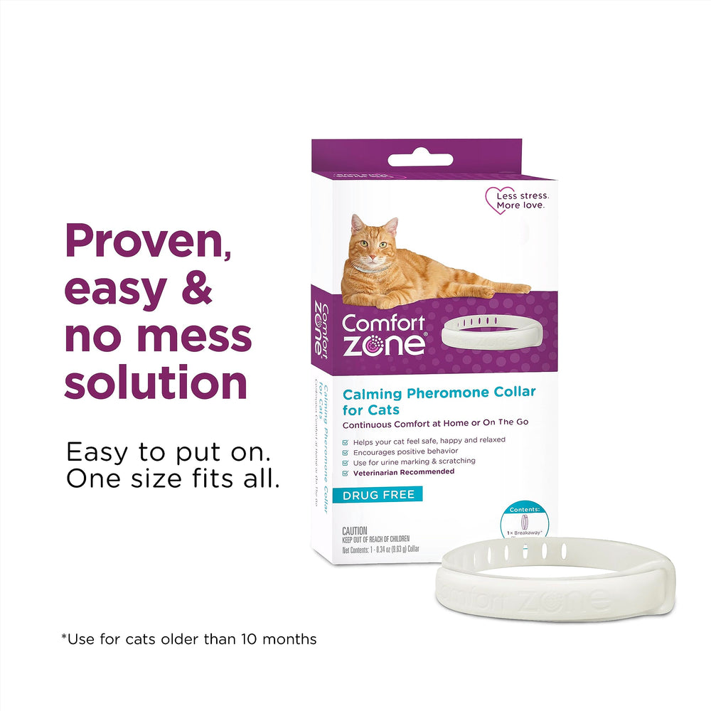 Comfort Zone cat calming collar 30-days of pheromone support for ongoing calm.