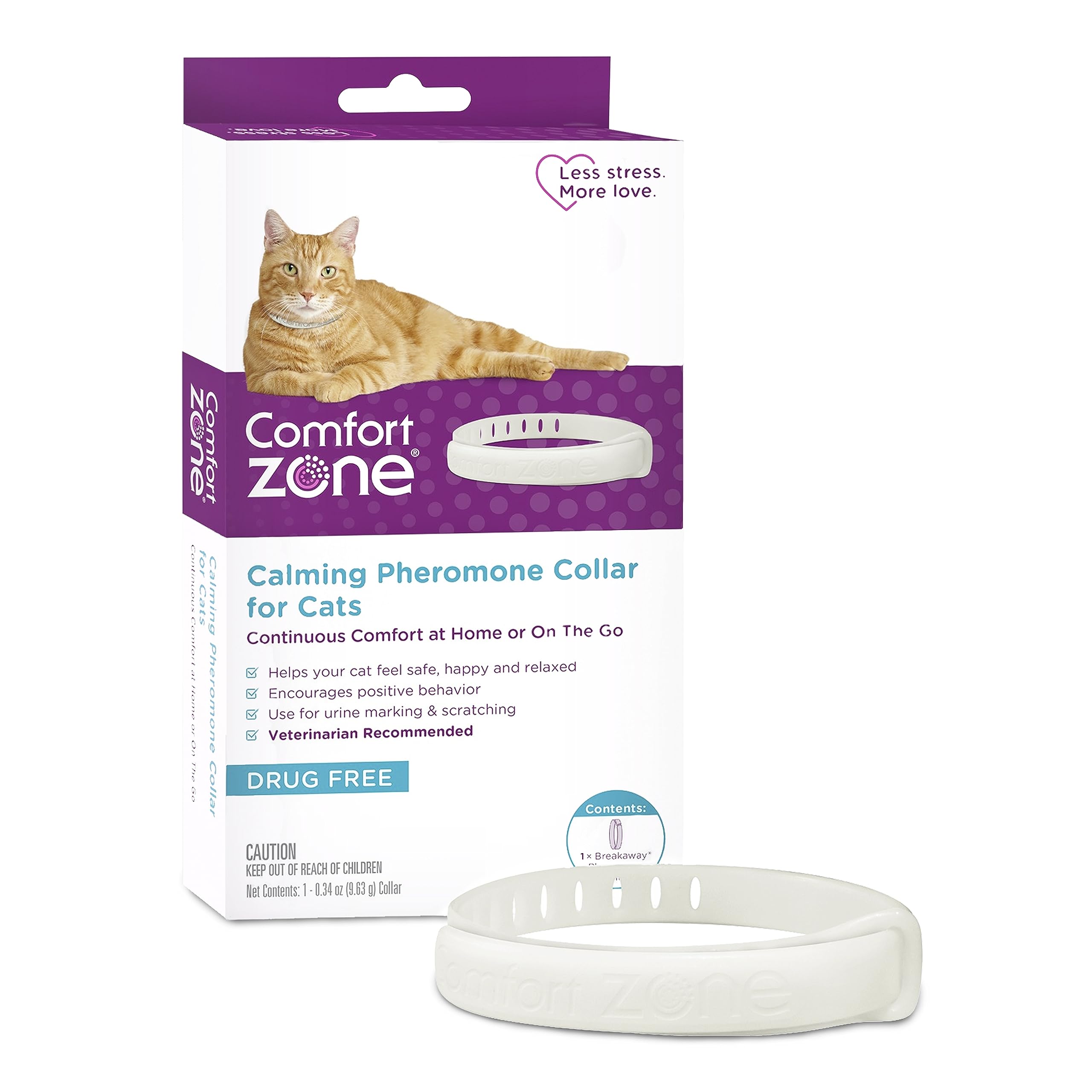 Comfort Zone cat calming collar packaging highlights drug-free pheromones for anxious cats.