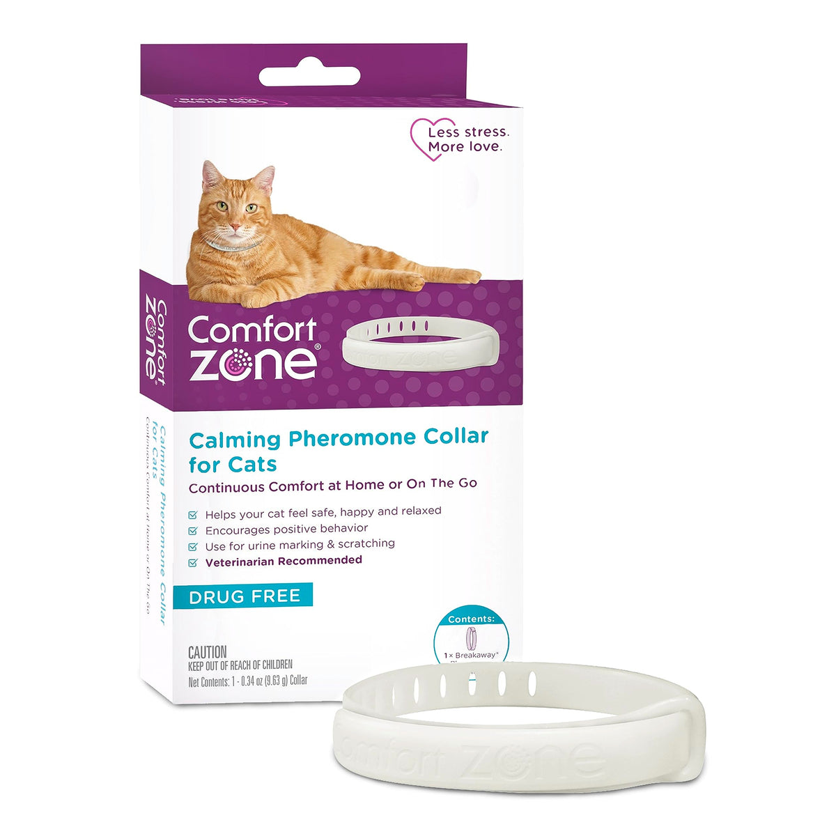 Comfort Zone cat calming collar packaging highlights drug-free pheromones for anxious cats.
