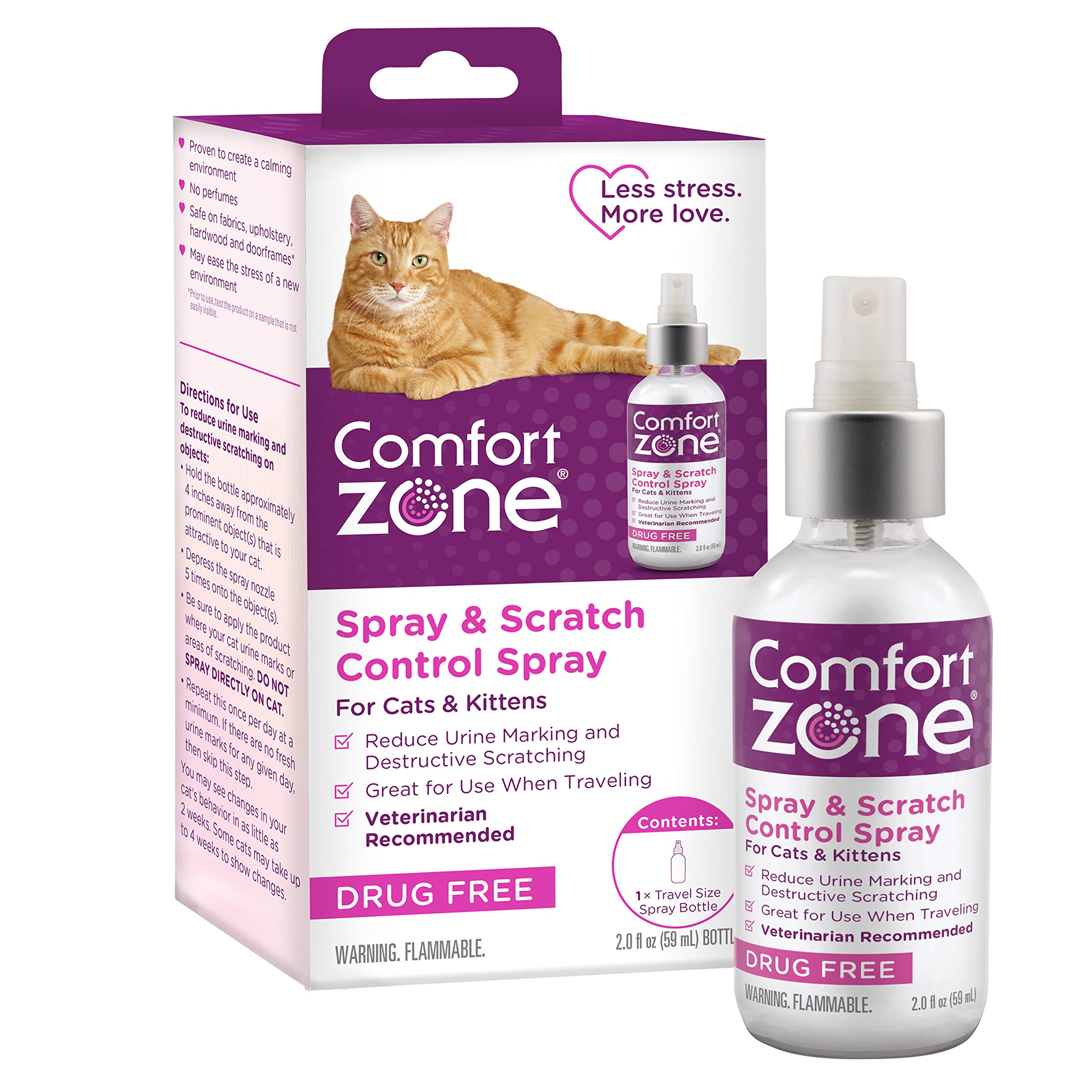 Comfort Zone cat calming spray 2oz bottle for quick, discreet calming during travel.
