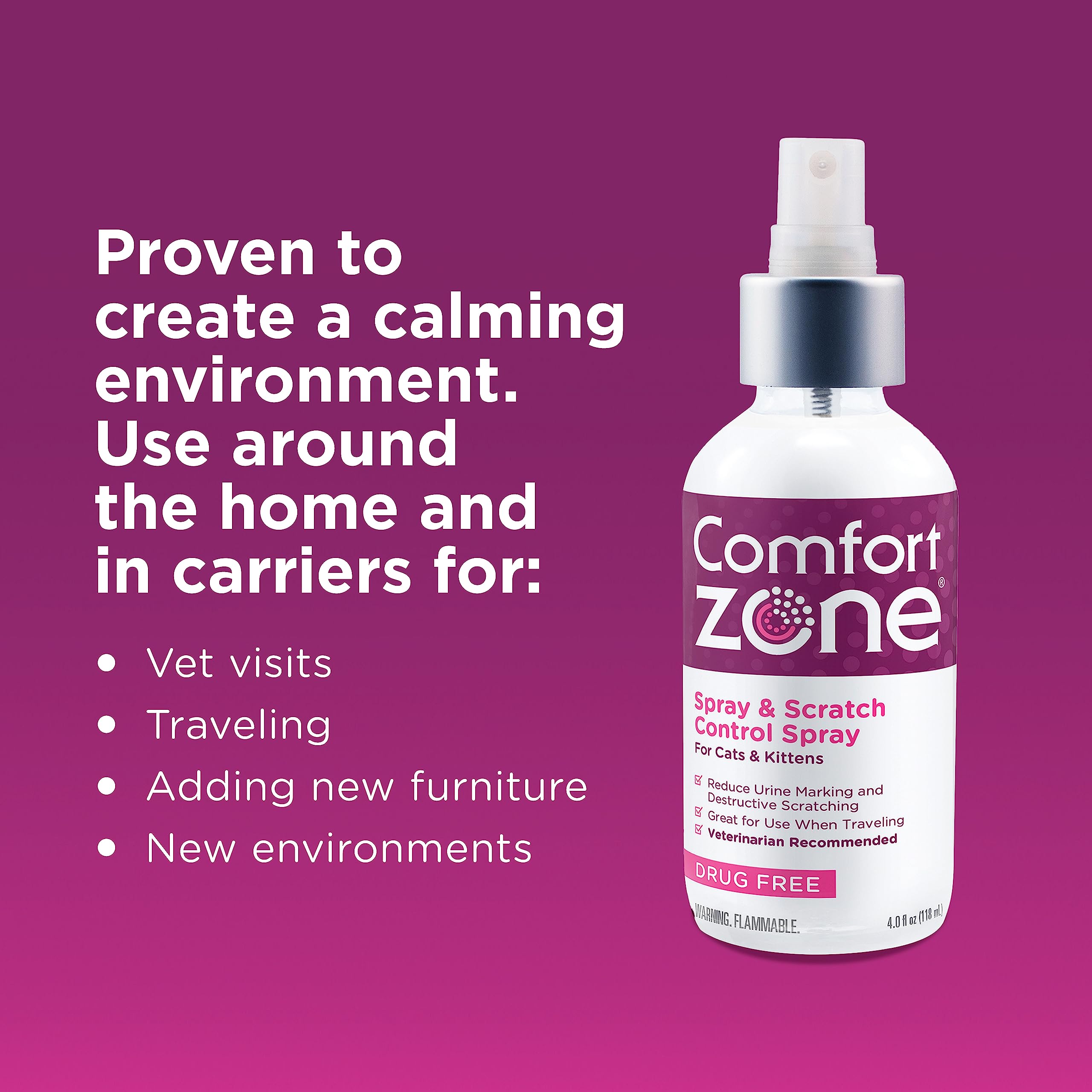 Comfort Zone cat calming spray is drug-free and fragrance-free for calmer sessions.