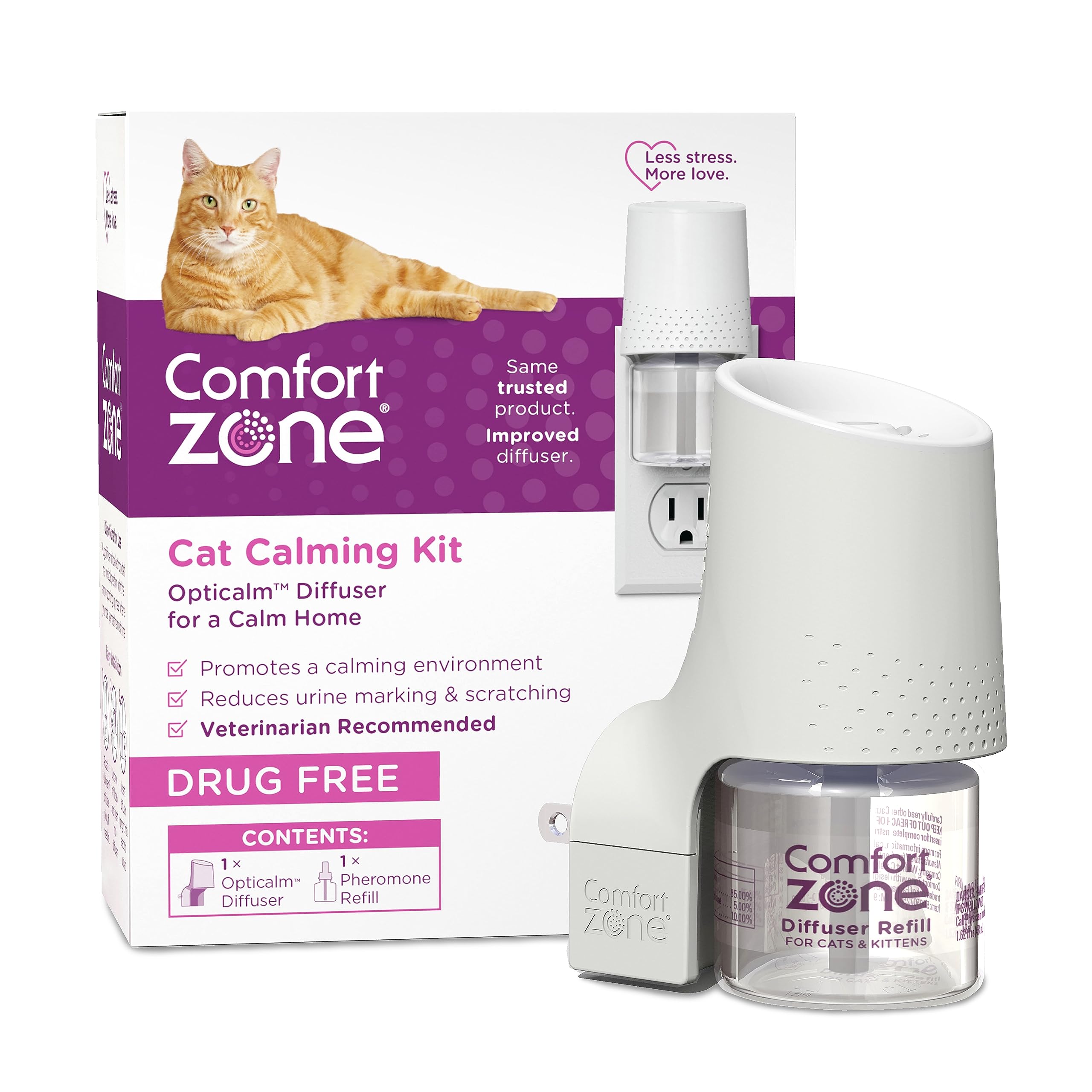 Comfort Zone cat diffuser in room promotes calming environment for anxious cats.