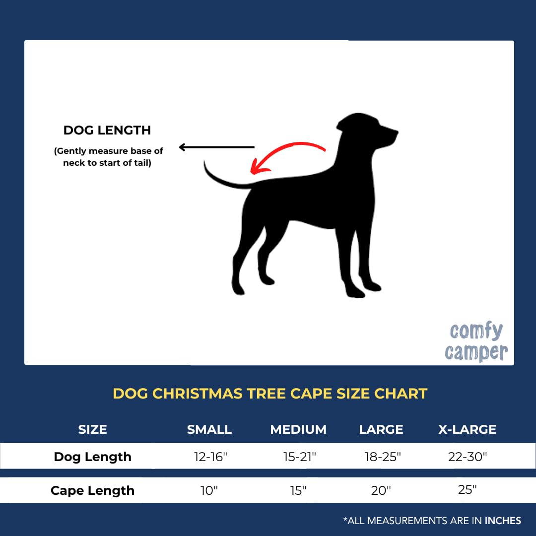 ComfyCamper dog Christmas Tree Cape on a pup for holiday photos.