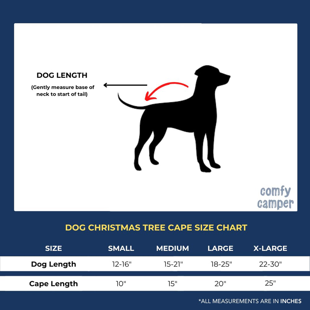 ComfyCamper dog Christmas Tree Cape on a pup for holiday photos.