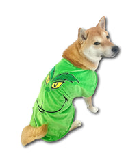 ComfyCamper Green Monster Dog Costume cape front view for festive photos and costume parades.