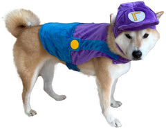 ComfyCamper hat and suspenders dog costume purple-blue front view for Halloween cosplay.