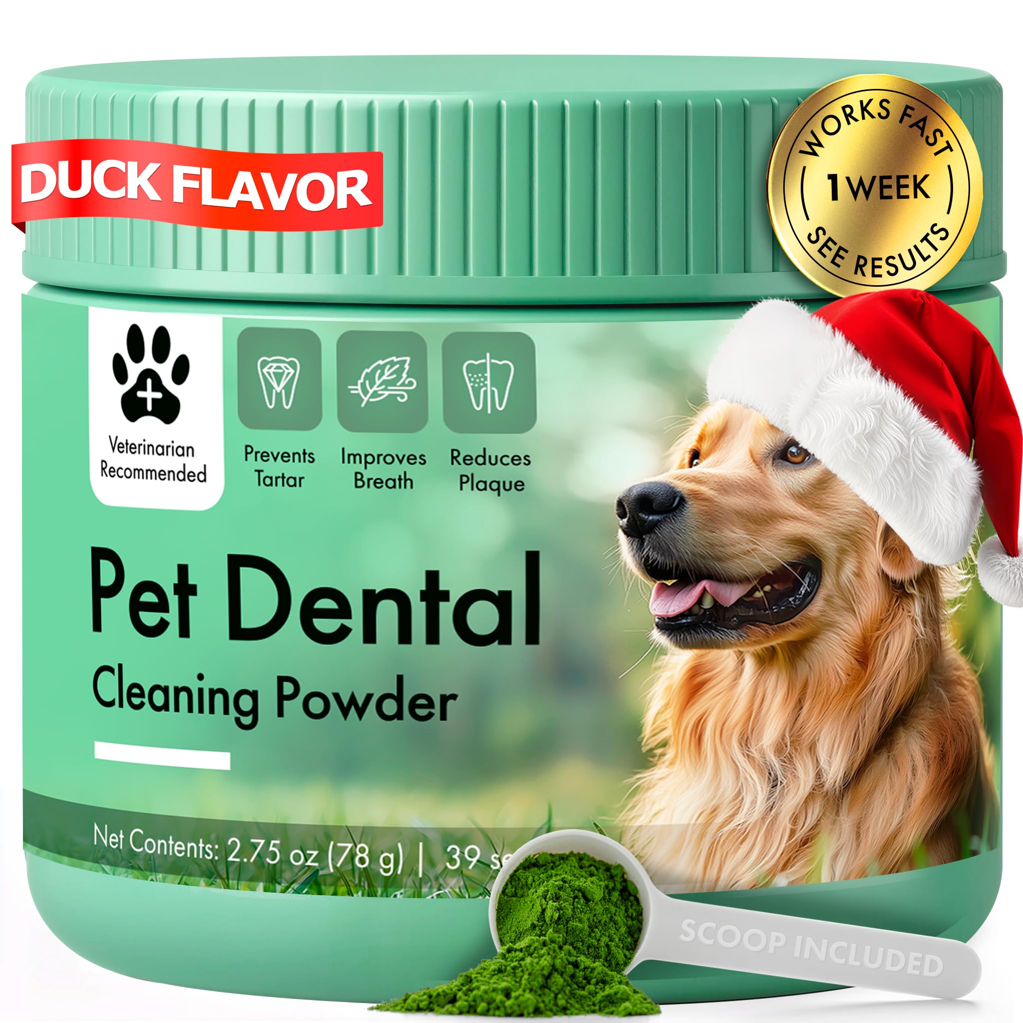 Commanding Life dog dental powder tub closeup shows natural formula and packaging