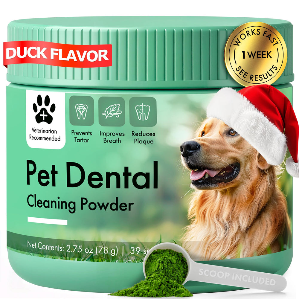 Commanding Life dog dental powder tub closeup shows natural formula and packaging