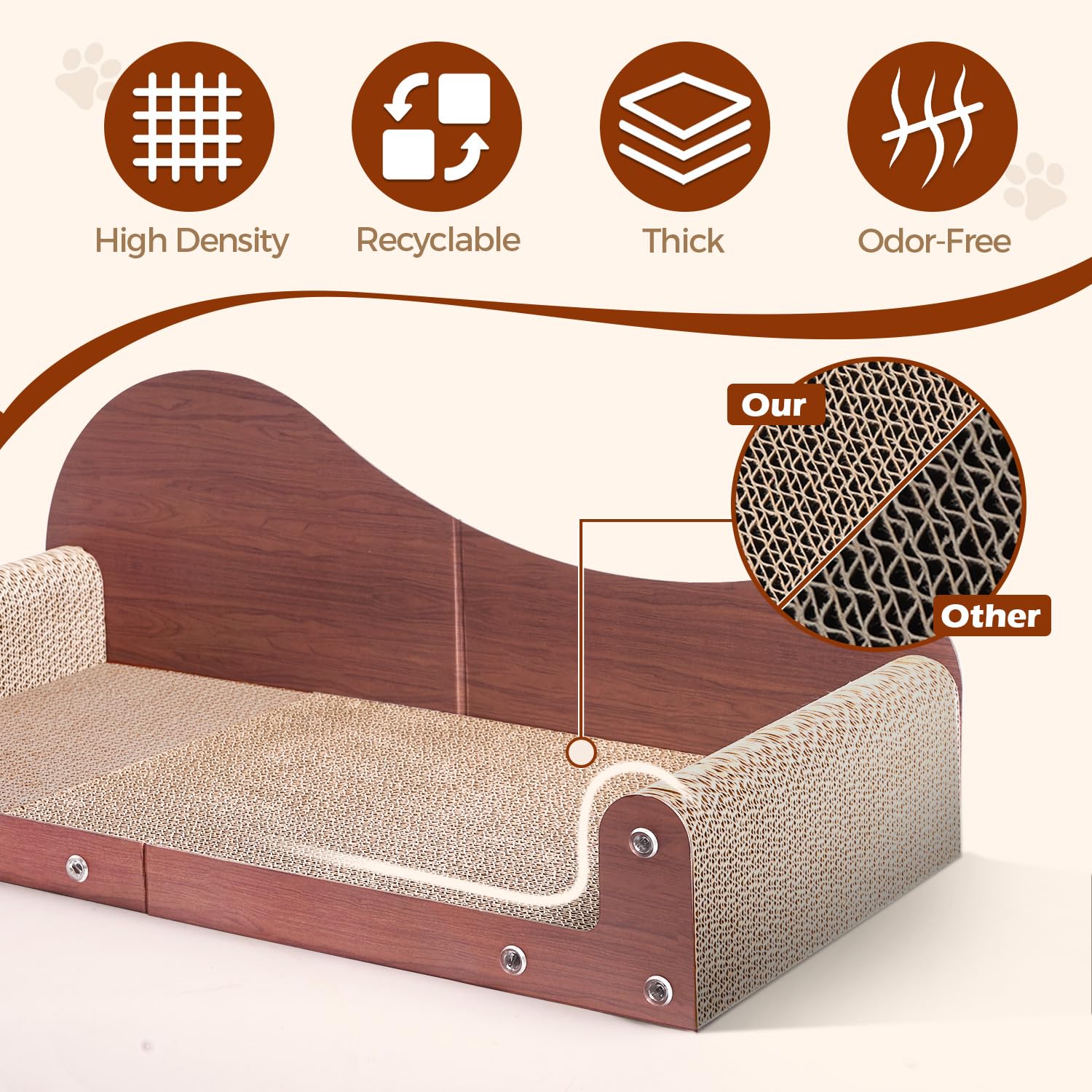 ComSaf cat scratcher bed features pillow-like armrests for neck support.