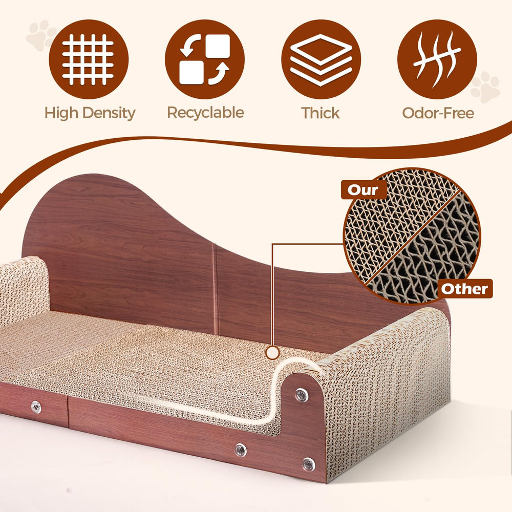 ComSaf cat scratcher bed features pillow-like armrests for neck support.