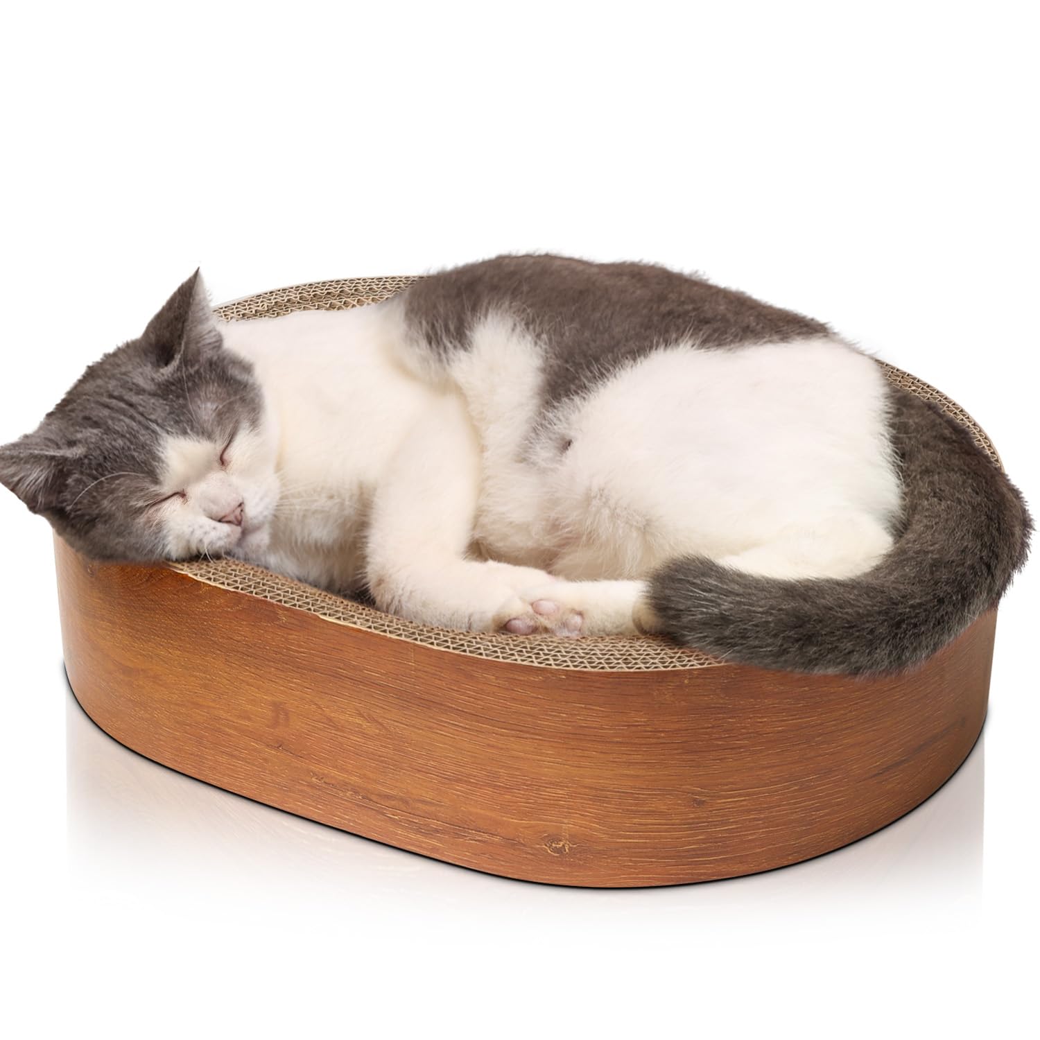 ComSaf Cat Scratcher Bed oval nap zone with zero-gravity support in use