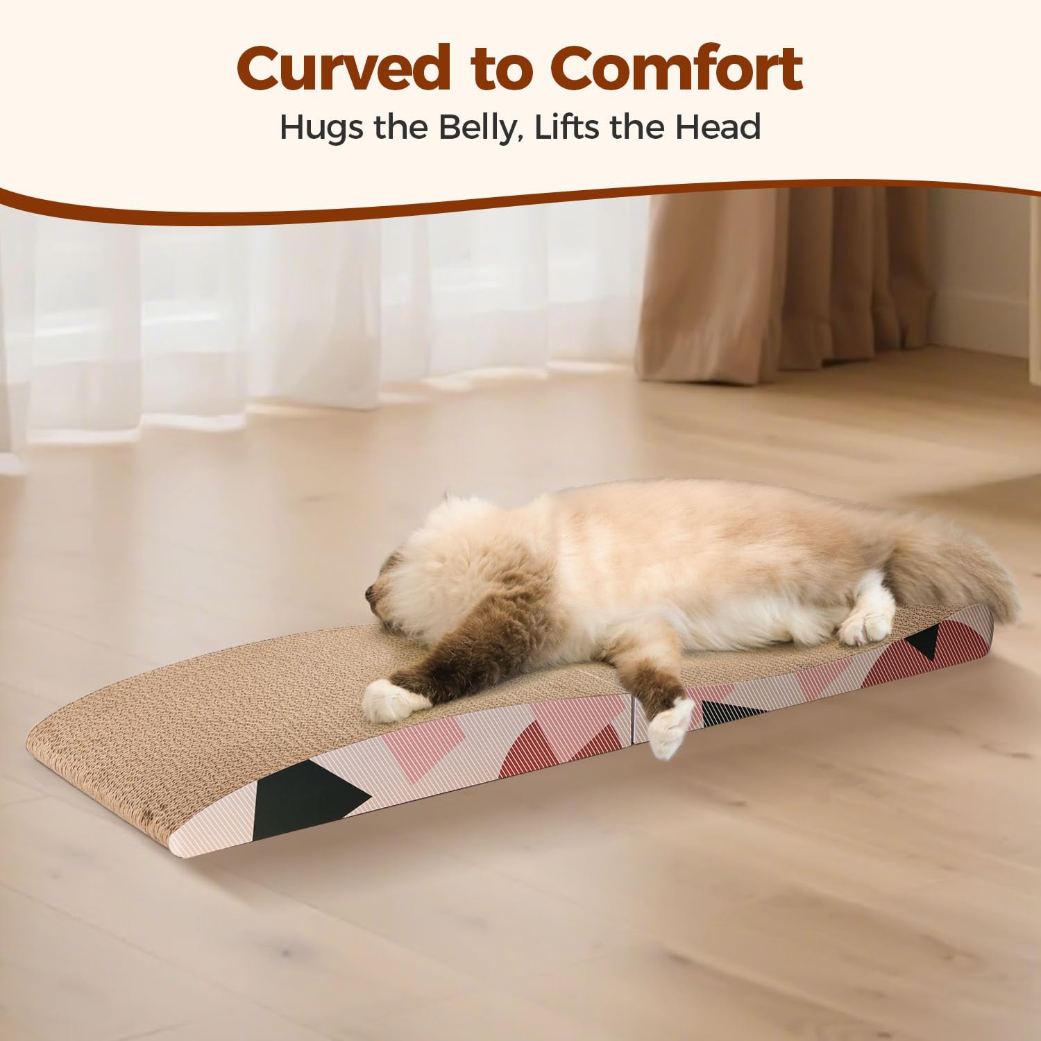 ComSaf cat scratcher 32x10 in-use lounging cat demonstrates relaxing play.