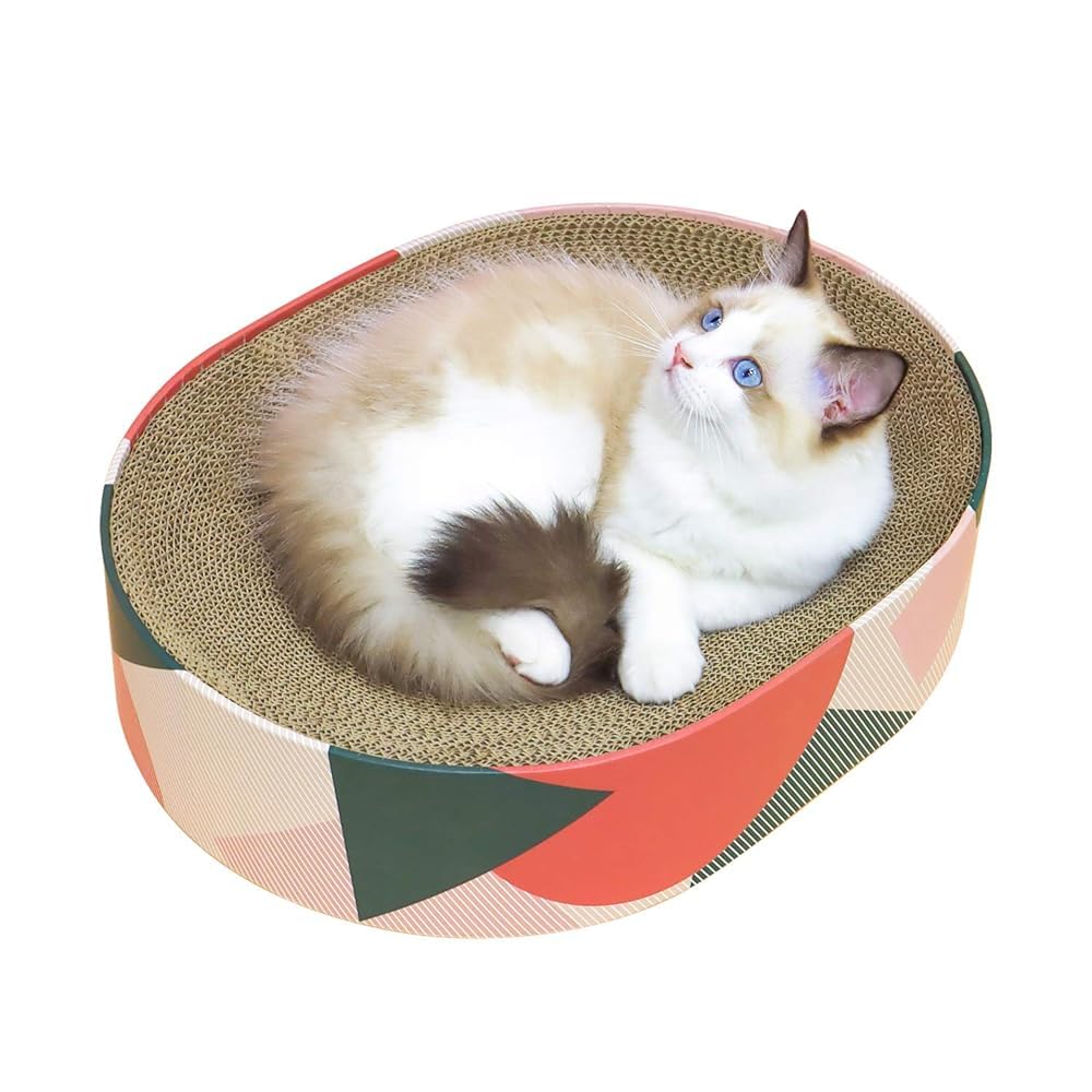 ComSaf cat scratcher oval bed front view highlights a cozy nap zone for indoor cats