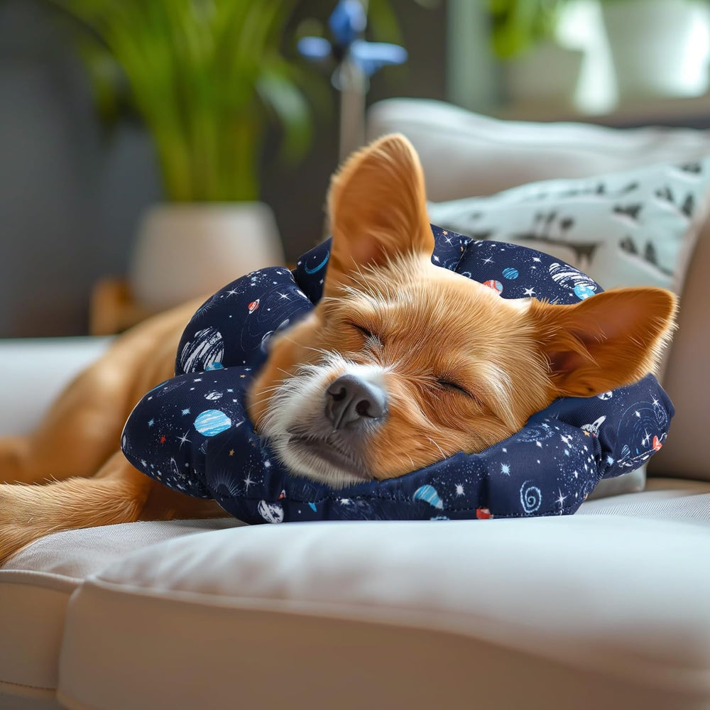 ComSaf elizabethan collar closeup shows plush fabric for gentle, distraction-free wear.