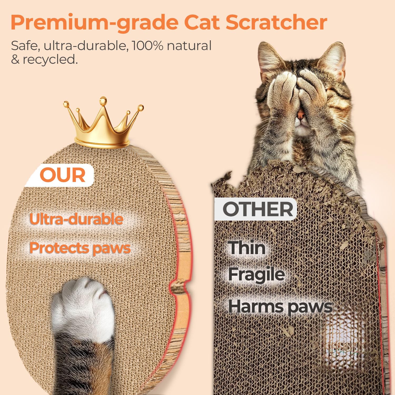 ComSaf natural recycled cardboard emphasizes safe, durable materials for cats