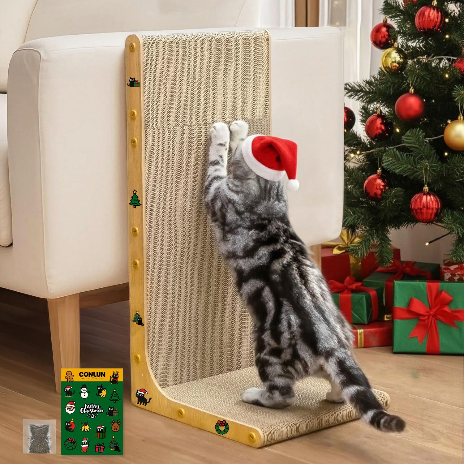 Conlun cardboard cat scratcher 23inch L-shape woodgrain for space-saving scratching and lounging.