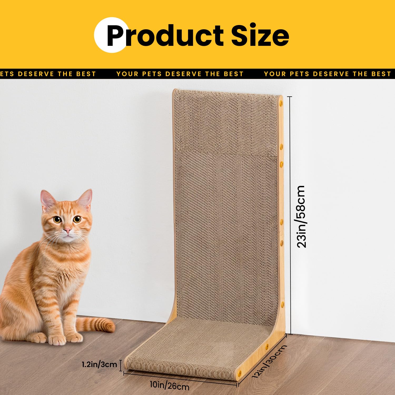Conlun vertical scratching board in wood grain highlights space-saving, versatile placement.