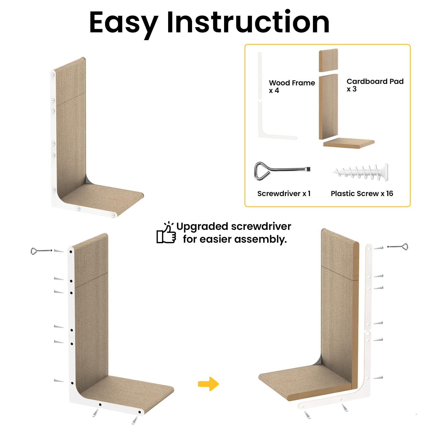 Conlun Cardboard Cat Scratcher wall-mount hardware pack included for secure setup.